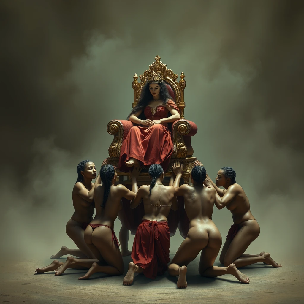 A group of female slaves kneels and crawls, carrying a luxurious throne, with the queen sitting on top, resting.