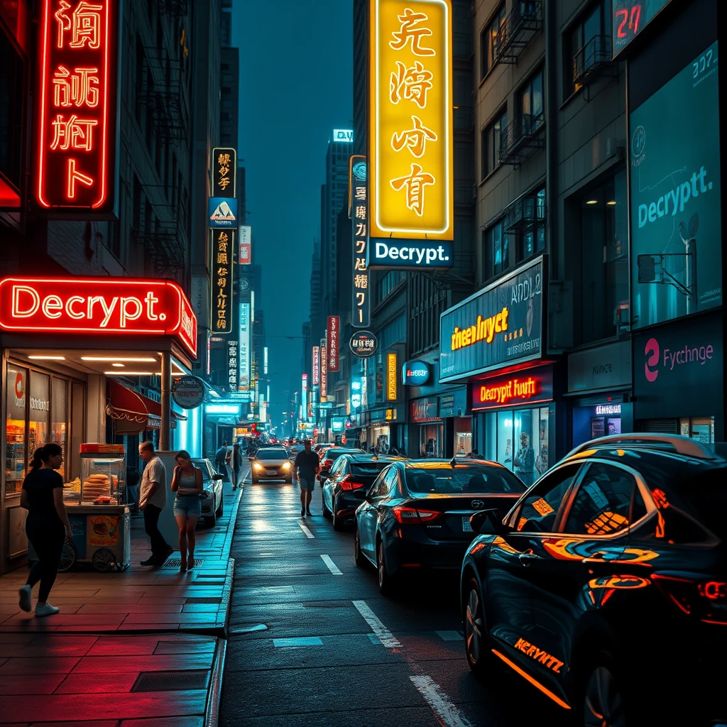 A high-resolution photograph of a bustling city street at night, neon signs illuminating the scene, people walking along the sidewalks, cars driving by, a street vendor selling hot dogs, reflections of lights on wet pavement, the overall style is hyper-realistic with attention to detail and lighting, a neon sign says ‘Decrypt.’