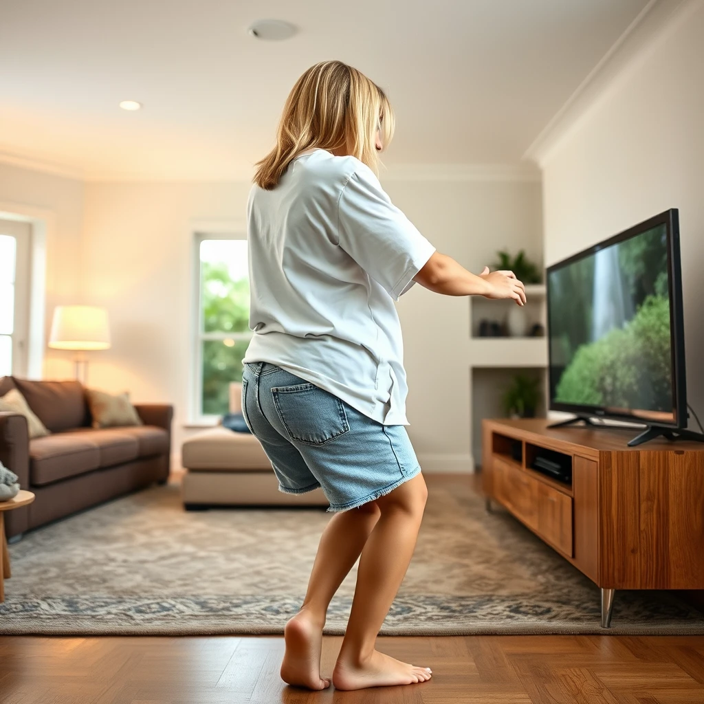 A side view angle of a blonde, skinny woman in her large living room wearing an extremely oversized white t-shirt that is uneven on one of the sleeves, paired with oversized light blue denim shorts. She is barefoot and facing her TV as she dives headfirst into it.