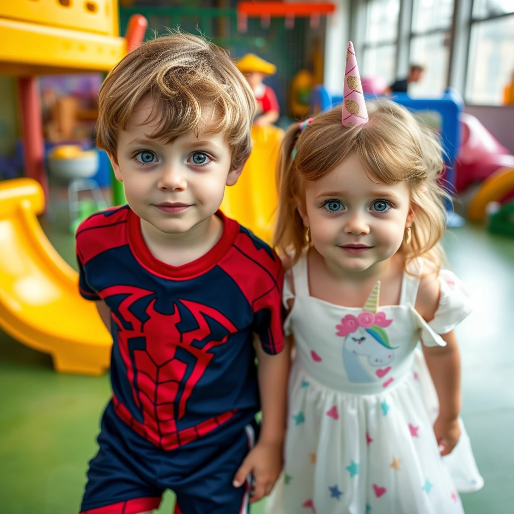 four year old twins, boy and girl. light brown hair and hazel eyes. Finnish looking. boy has spiderman t-shirt and football shorts. girl has unicorn dress. they are in the most amazing indoor playground. - Image