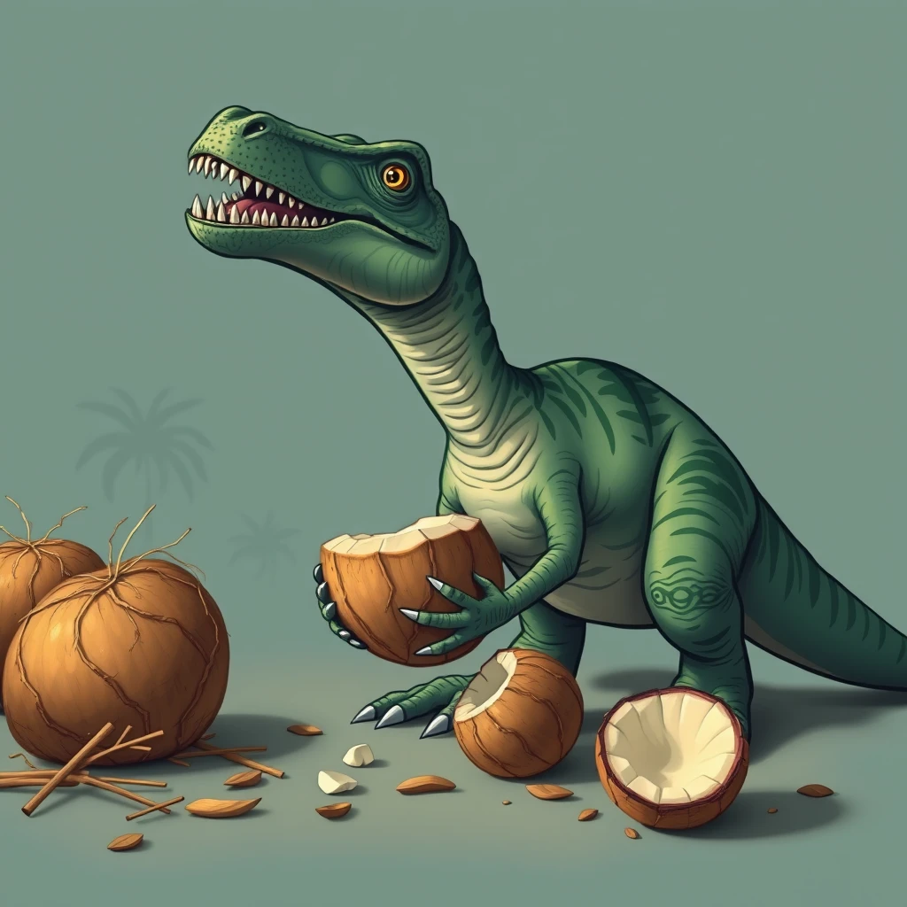 A Dinosaur eating coconuts. - Image