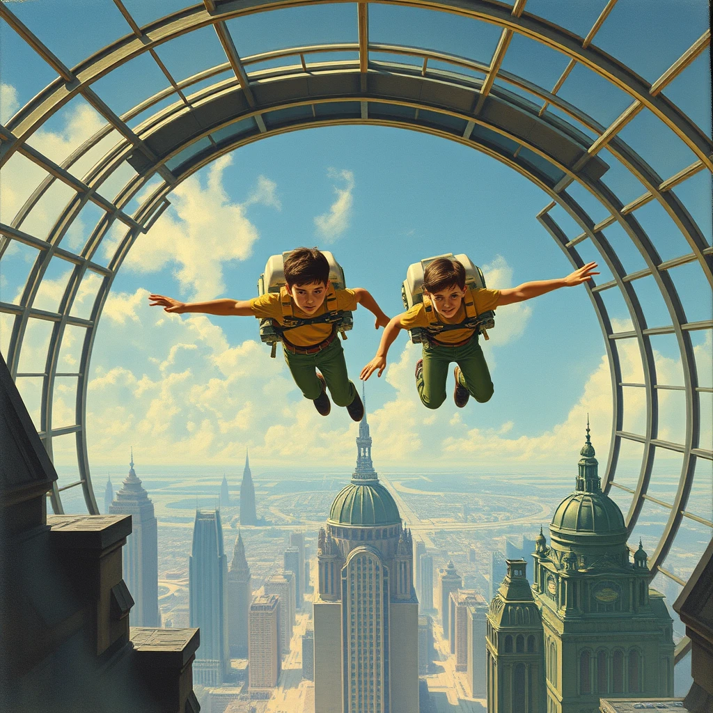 Two teen boys are flying using jetpacks inside a futuristic glass-domed city, a painting by Chesley Bonestell.