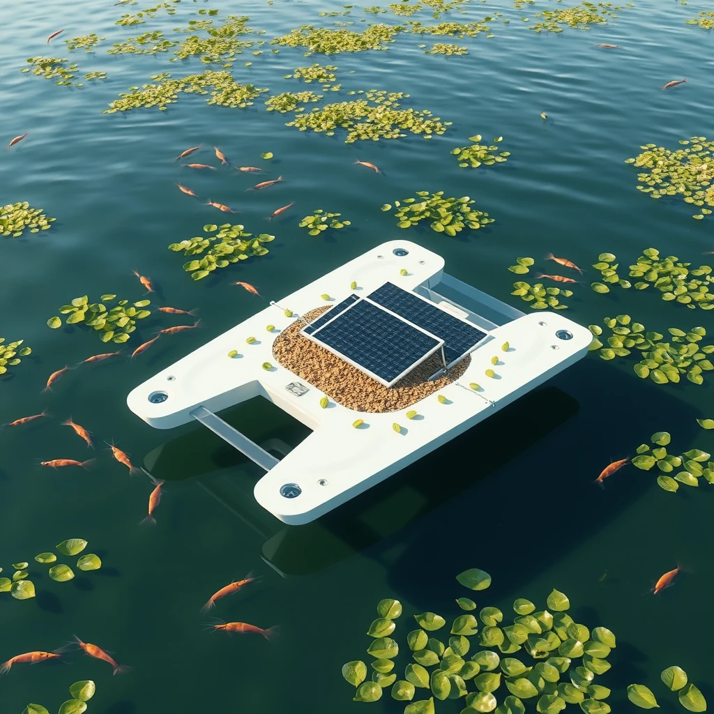 Smart minimalist design of an aerodynamic floating mobile Catamaran platform in the aquatic shrimp farm, the platform with sensors to locate shrimp presence and navigates autonomously there to dispense the food grains, powered by foldable solar panels and can use aerator to increase BOD where required. - Image