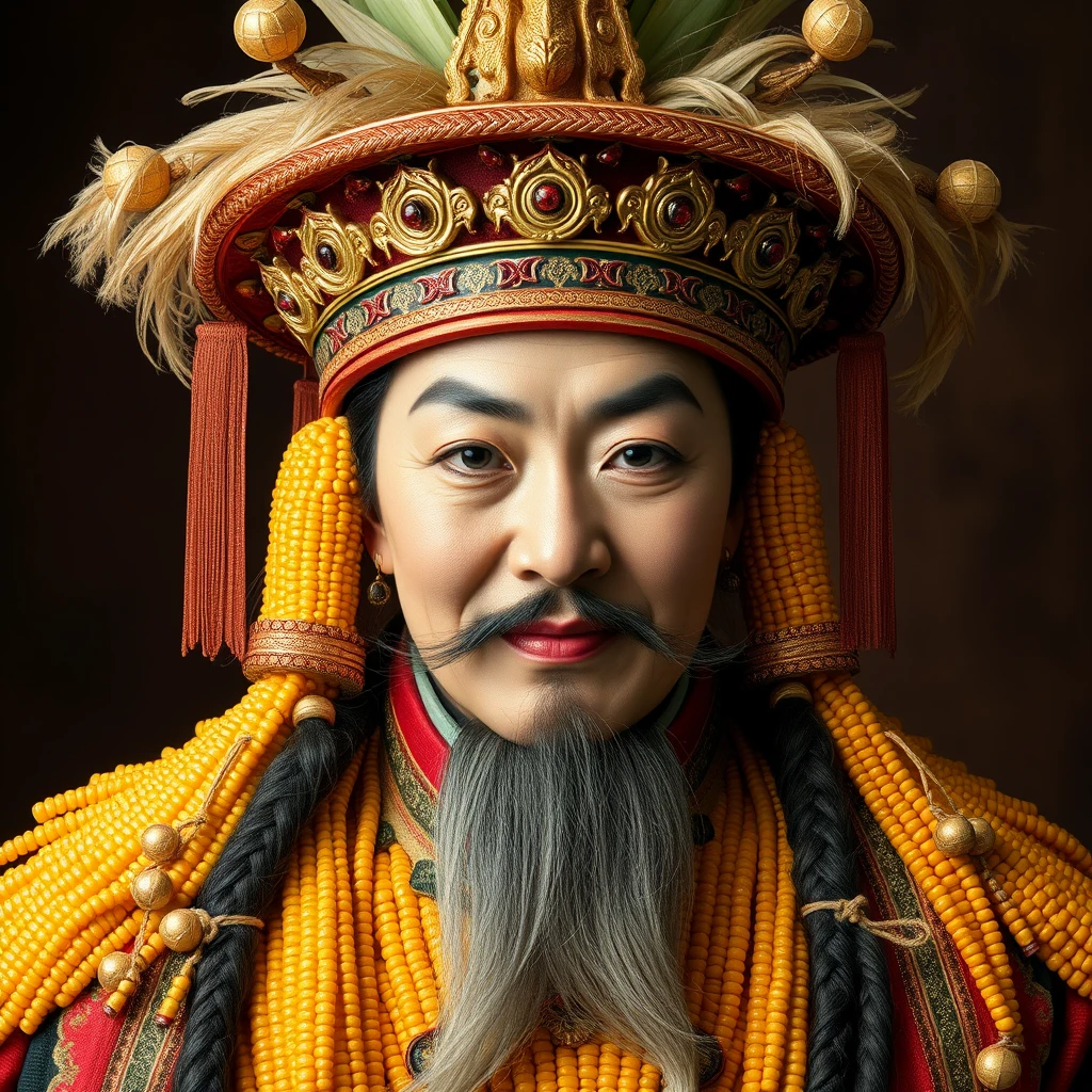 "A Chinese-style emperor with a feminine appearance, covered in corn."