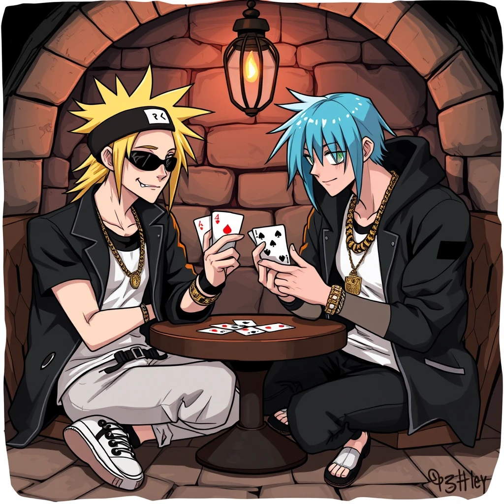 Slim Shady and Marshall Mathers are playing a game of cards. The setting takes place in a dungeon. They are dressed in their iconic attire. Anime-inspired drawing. They are vibing with each other and the camaraderie is strong and positive.