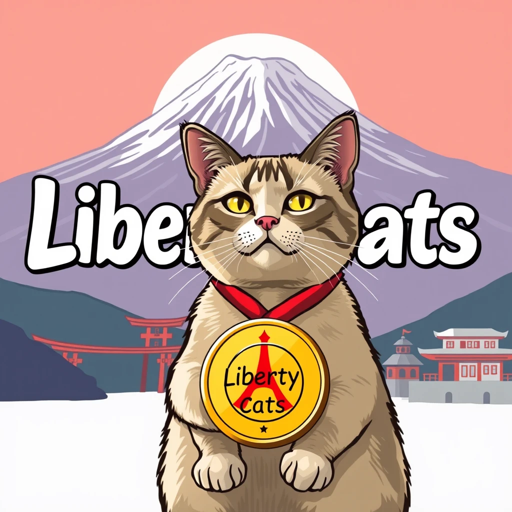 draw a pic with "Liberty Cats" big text and Mount Fuji backgroud,AND a cat with infront it , carring a Paris Olympic gold medal  logo with text "Liberty Cats"