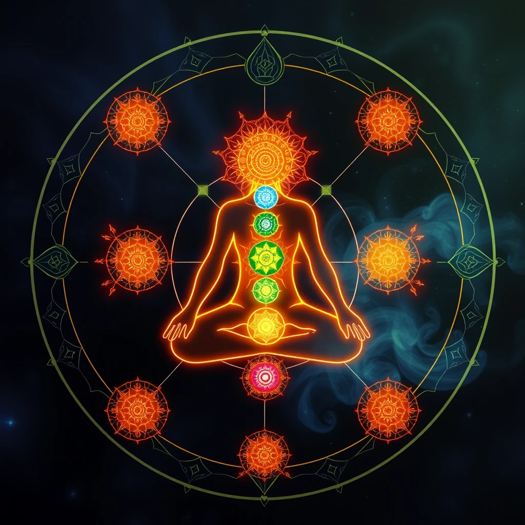 Seven chakra meditation diagram, the corresponding seven chakra positions and patterns of the human body glow, the overall background is magic witch style