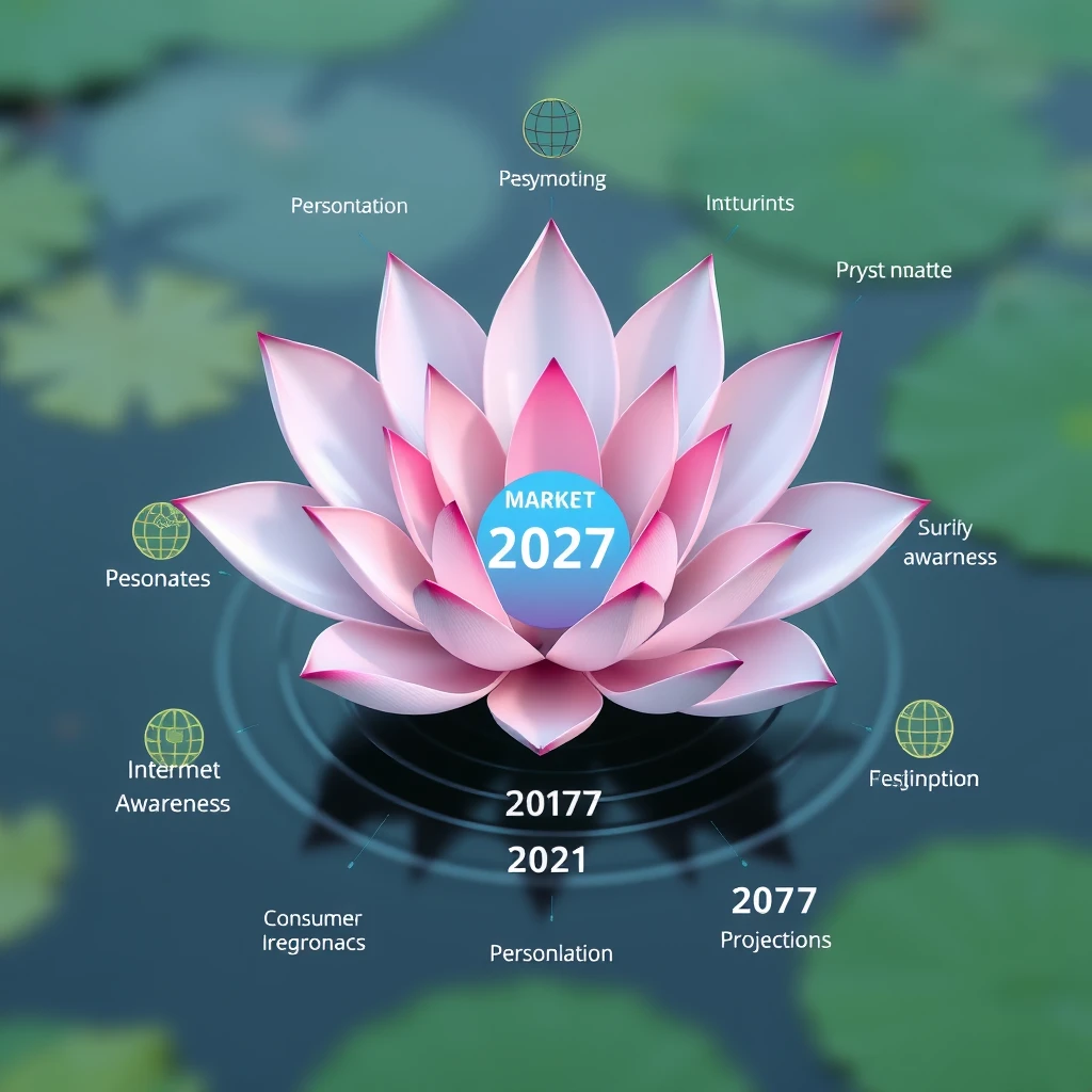 Create a visual representation of a lotus flower, where each petal represents a key factor contributing to market growth (e.g., internet penetration, consumer awareness, personalization). The center of the flower could show the current market value, with projections for 2027 illustrated as expanding ripples in the pond.