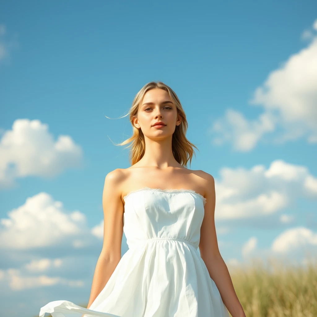 A serene, blissful scene of a young woman in a white dress. The scene feels real and unpolished, informal. The subject has natural beauty, authentic imperfections; counter to the plastic surgery so often seen. A few strands of light blonde frame the sides of her eyes. The fluffy clouds decorate the clear blue sky. The breeze teases the hem of her skirt. - Image