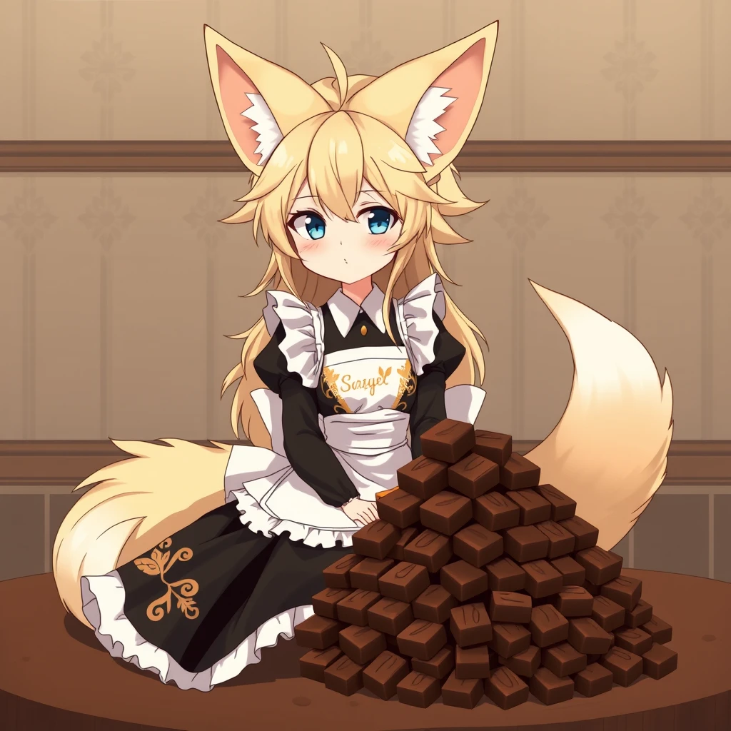 cute anime girl with massive fluffy fennec ears and a big fluffy tail blonde messy long hair blue eyes wearing a maid outfit with a long black dress with a gold leaf pattern and a white apron sitting on a table, on the table is a mountain of chocolate