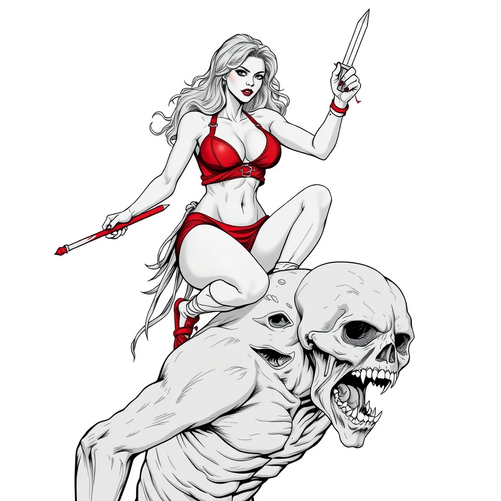 A tall mature woman in red sexy battle leather underwear rides on a zombie's shoulder with her legs open, holding a dagger and stabbing the dagger into the zombie's head, line art.