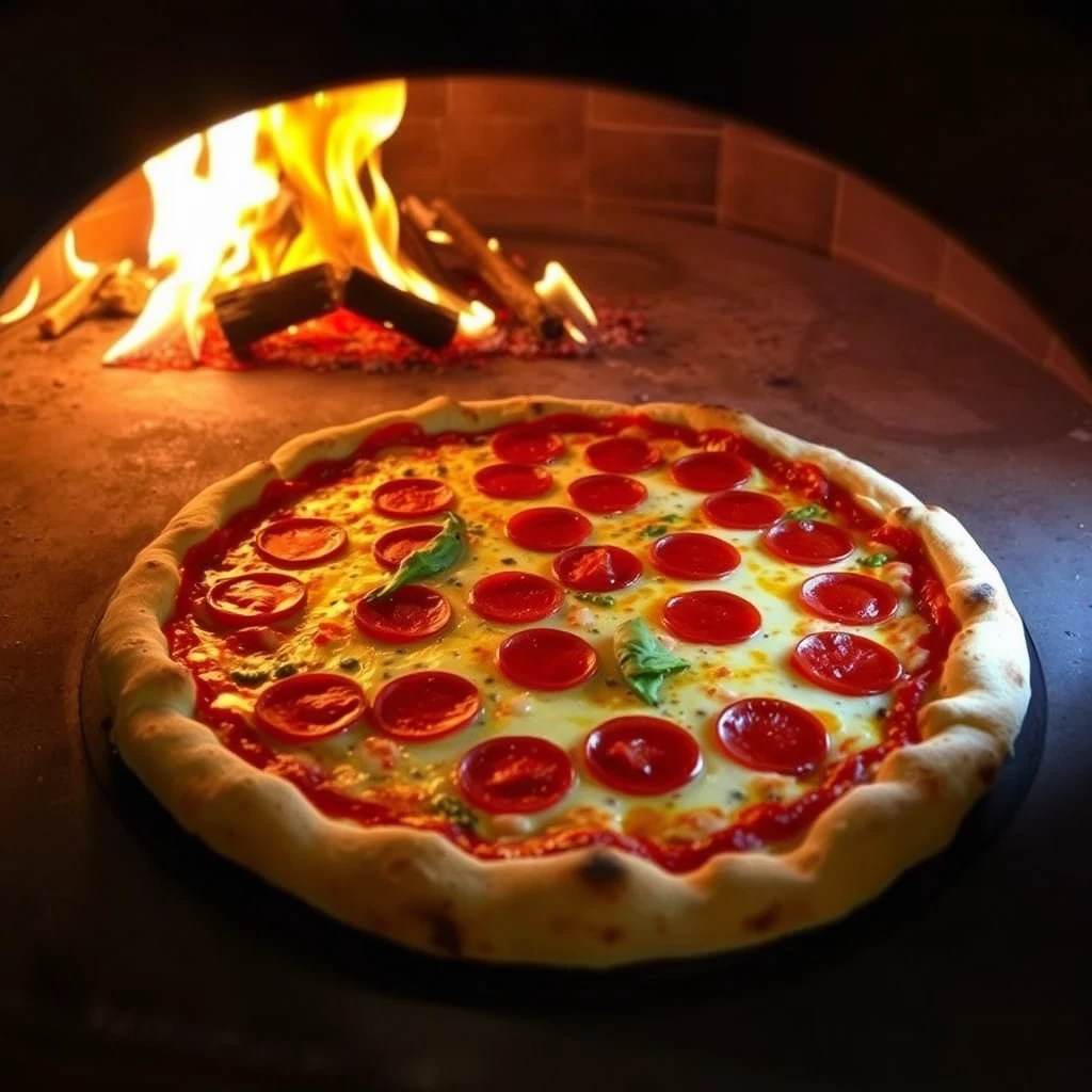 A large pepperoni pizza cooking in a wood fired oven.