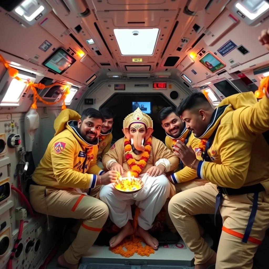 Indian astronauts team celebrating Ganeshotsav in a spaceship, in a zero-gravity situation, with lighting decoration. - Image