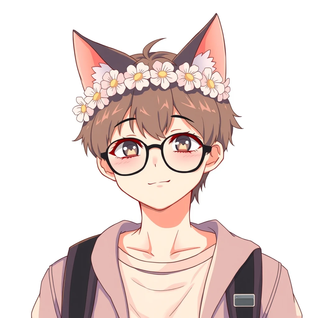 cute anime boy college student with cat ears, pastel, wearing glasses and a flower crown - Image