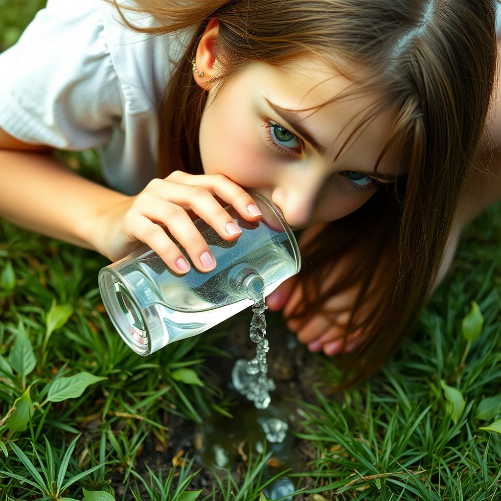 a teen girl drinks water on the ground like a cat. - Image