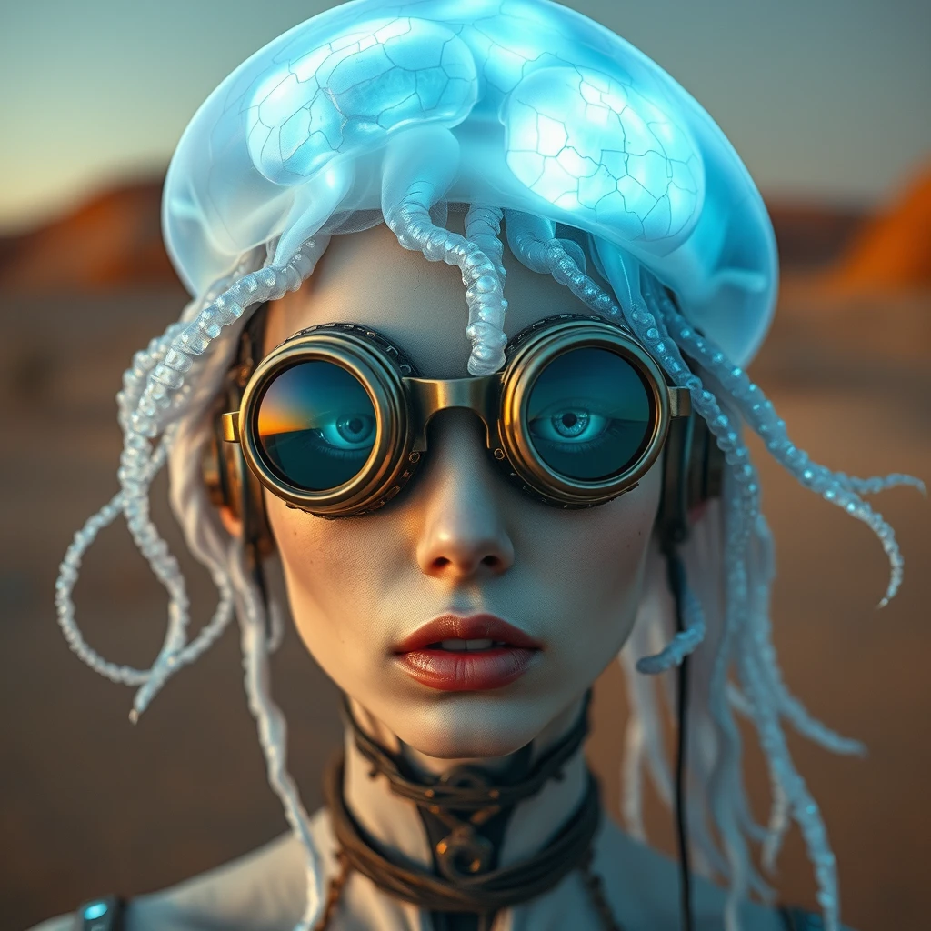 Ethereal cyborg woman, bioluminescent jellyfish headdress. Steampunk goggles blend with translucent tentacles. Cracked porcelain skin meets iridescent scales. Mechanical implants and delicate tendrils intertwine. Human features with otherworldly glow. Dreamy aquatic hues contrast weathered metal. Reflective eyes capture unseen worlds. Soft bioluminescence meets harsh desert backdrop. Fusion of organic and synthetic, ancient and futuristic. Hyper-detailed textures, surreal atmosphere. - Image