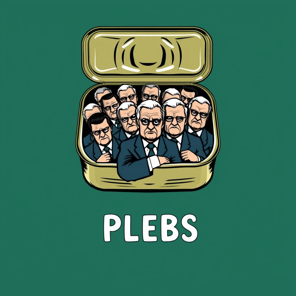 A playful T-shirt design featuring an open sardine can filled with live, wealthy older men packed shoulder to shoulder in business suits, scowling, with the text "PLEBS" underneath. View from the front.