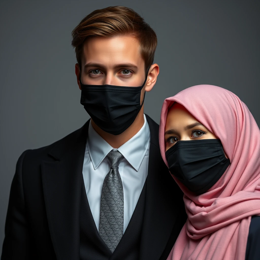 Jamie Dornan's head and body shot, handsome, young, shy smile, white shirt half buttoned, grey patterned tie, black coat suit, dating love with the biggest soft pink hijab girl, beautiful eyes, black face mask, biggest floral jubba, hyper-realistic, studio photography, full photo. - Image