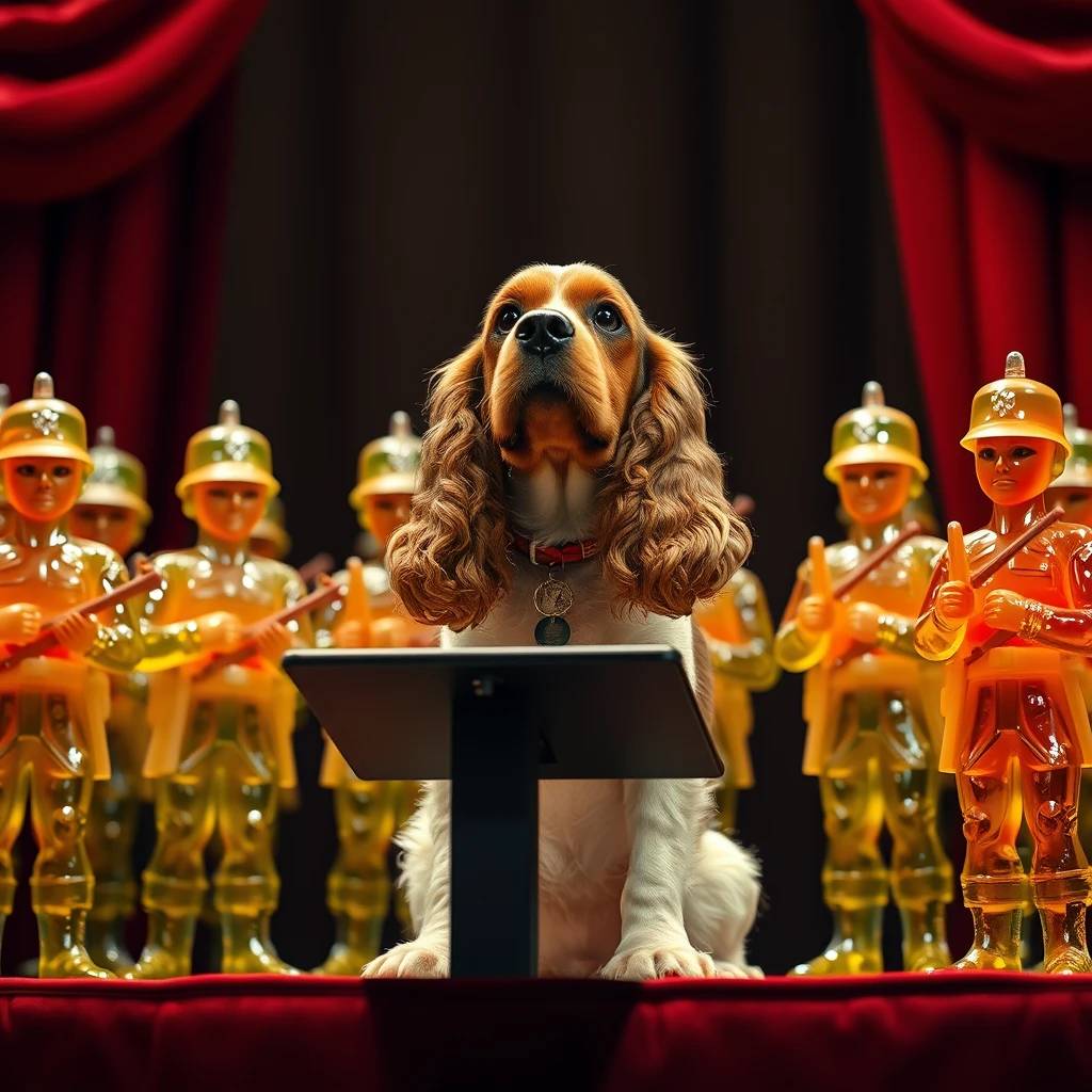 A cocker spaniel giving a speech on stage to soldiers made of jello. - Image