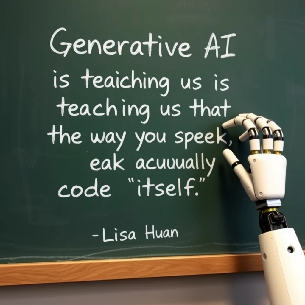 A robotic hand writing on a chalkboard with writing on it that says “Generative AI is teaching us that the way you speak is actually code itself” – Lisa Huang, classroom style chalkboard.