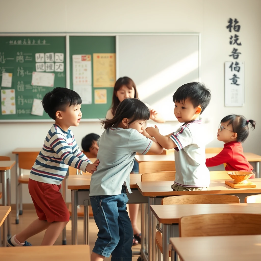 In the classroom, during the break, there are little kids chasing and wrestling in the classroom, there is a beautiful female teacher, and there are Chinese characters.