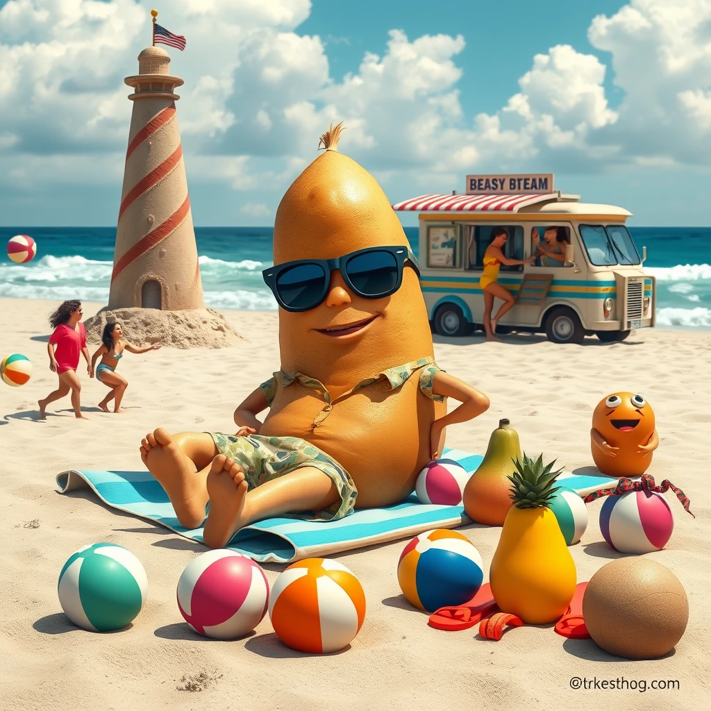 A giant potato in sunglasses and a Hawaiian shirt lounges on a beach towel surrounded by colorful beach balls and flip-flops. Nearby, anthropomorphic fruits play beach volleyball. In the background, a lighthouse sand sculpture stands next to an ice cream truck with a giant cone, serving treats to cheerful beachgoers. The scene captures a fun, playful summer vibe with the sound of waves crashing nearby. - Image