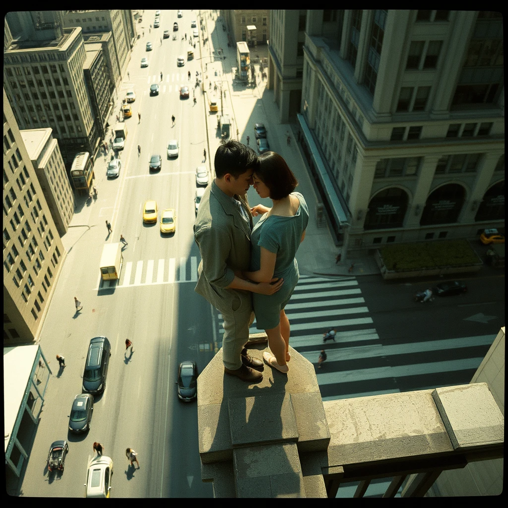 It's a Saul Leiter-esque photograph. Looking down from the roof of a tall building, an Asian couple looks very close with their heads touching each other on a street corner, surrounded by traffic and pedestrians. Also, the picture shows that it's on a summer afternoon, the sun is shining brightly, and there are many projections of city buildings. This picture has a vintage film texture with a gray-green tint to the image. Aerial view, realistic, 8k.