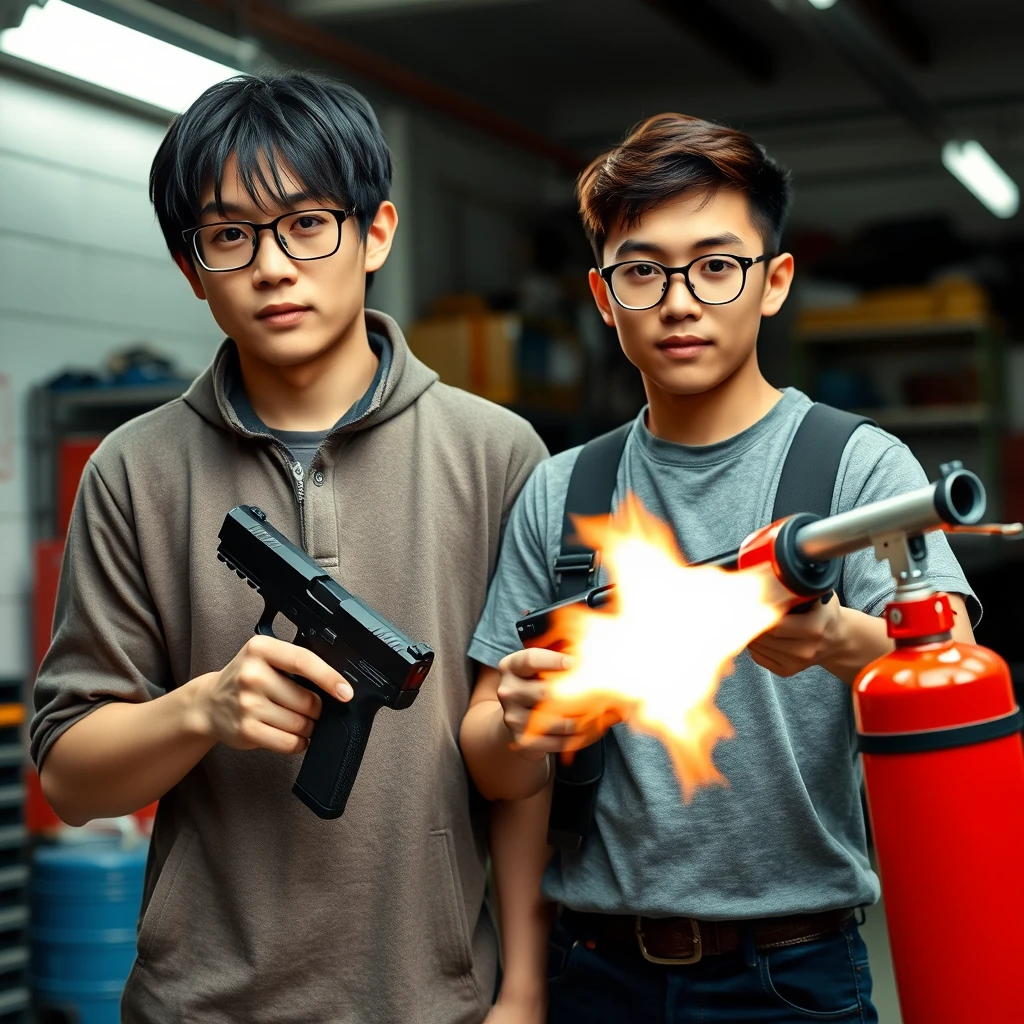 21-year-old white thin-bodied northern Chinese man wearing square glasses, with mid/long fringe black hair, holding a Glock; 21-year-old white Brazilian-Italian mixed man wearing round glasses and brown short hair, holding a very large fire extinguisher flamethrower, in a garage setting.