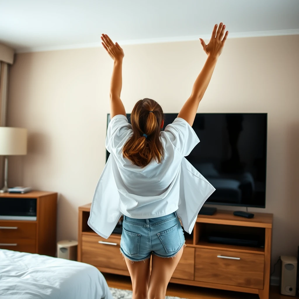 A side view of a slim woman in her bedroom is wearing a large white short-sleeved shirt and light blue denim shorts, without shoes or socks. She is facing her TV and dives headfirst into the screen, arms raised above her head and legs elevated, giving the appearance of diving or flying. The lower part of her shirt flares out, nearly revealing her chest due to her arms being raised so high, and her arms penetrate straight through the TV screen. - Image