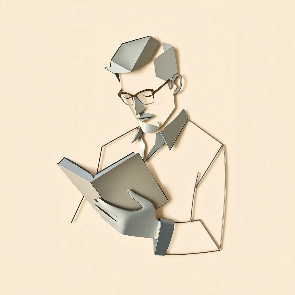 A geometric shape, polygonal figure of a portrait of a man while reading a book, made from metal, straight-on view, symmetrical features, on a beige background. Minimalistic.