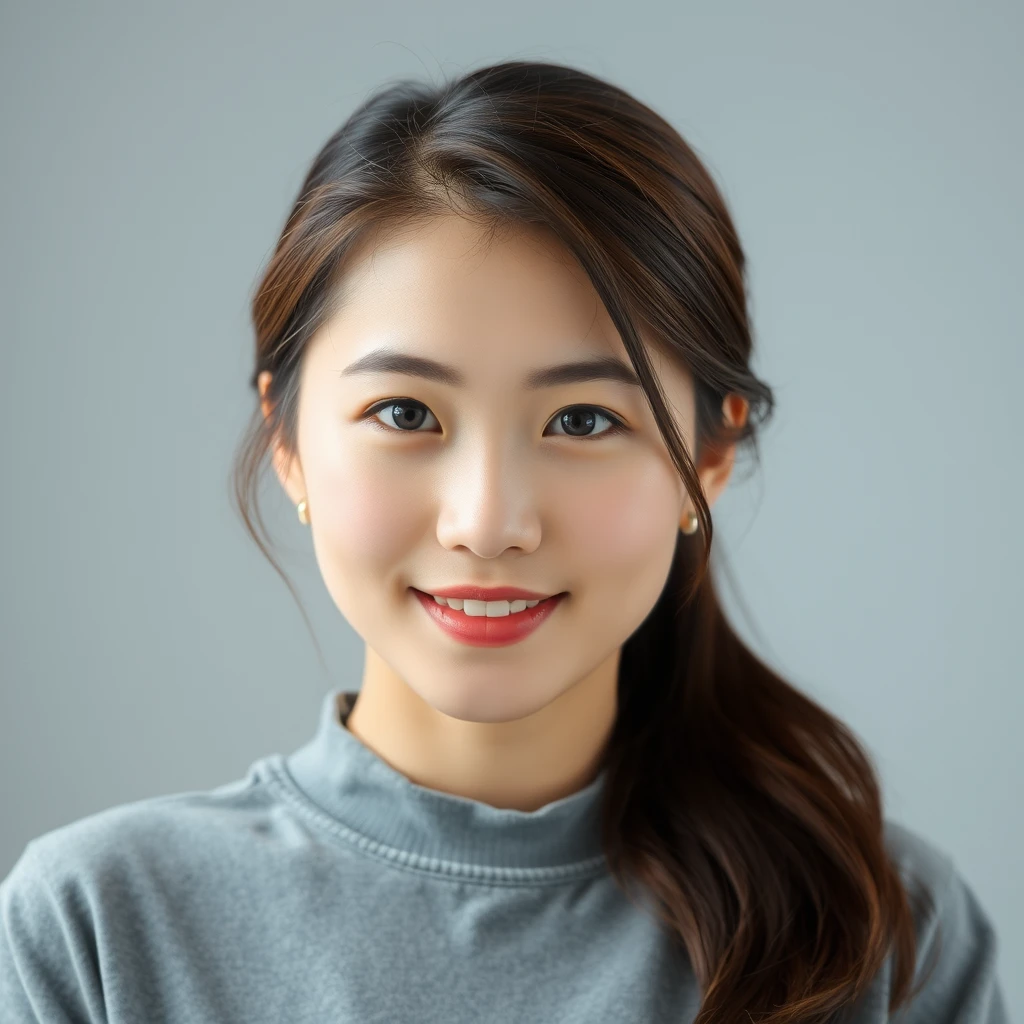 A beautiful Korean woman, wearing a grey shirt.