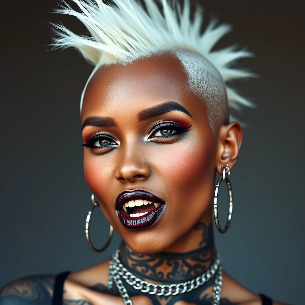 beautiful black woman, fangs, nose piercing, side shave, shaved head, white mohawk, nose rings, multiple earrings, extreme piercings, extreme tattoos - Image