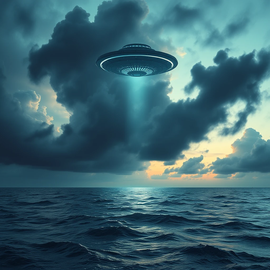 sea side, dark clouds, ufo, alien invaders in front scene