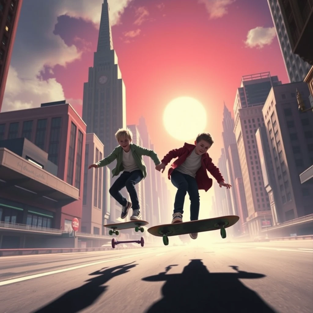 Low-wide shot, two teen boys are riding flying wheelless skateboards through a futuristic city, a painting by Chesley Bonestell, 16:9 aspect ratio.