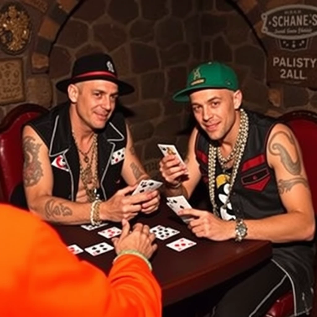 Slim Shady and Marshall Mathers are playing a game of cards. The setting takes place in a dungeon. They are dressed in their iconic attire. They are vibing with each other and the camaraderie is strong and positive.