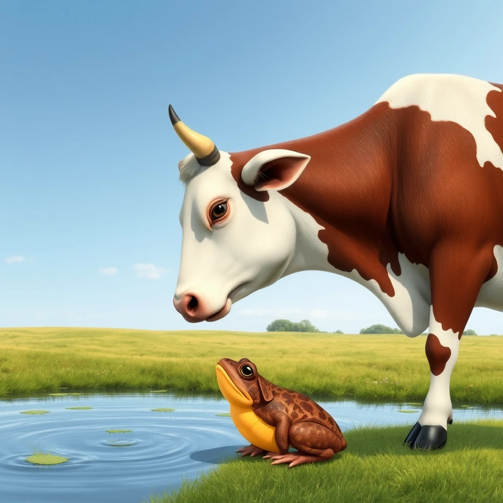 A cow with one horn pointing to the sky is bowing down to kiss a frog.