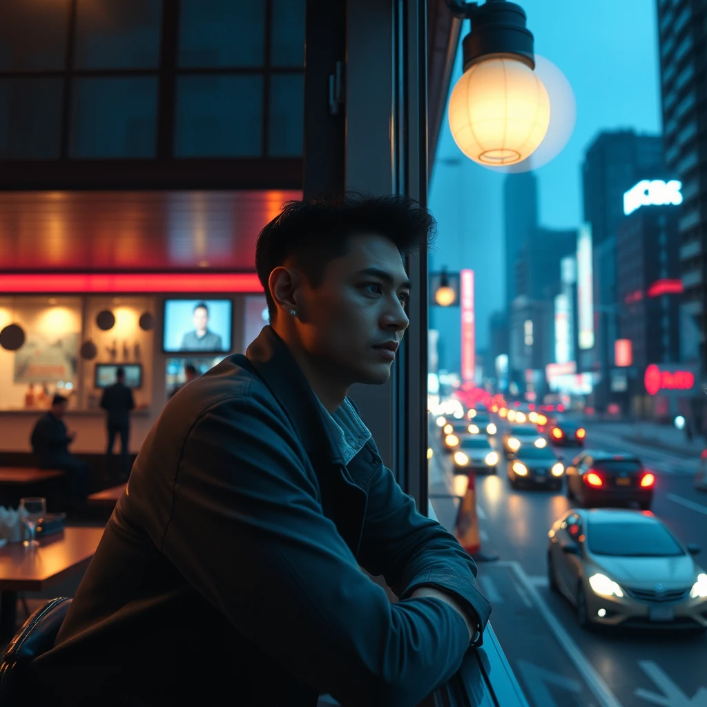 "A white-collar worker sits inside a restaurant window during the late-night rush hour, with the city's nightscape and traffic outside. Cyberpunk style."