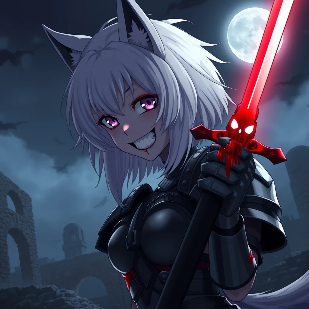 Anime girl with fangs, medium white hair, wolf ears, and a tail, with purple eyes and an evil grin, blood on her face, holding a sword in her right hand. The sword is glowing light red and covered in blood. The girl is wearing armor. Old ruins can be seen in the background; it is dark and foggy. In the sky is a full moon. Dramatic, dynamic, cinematic. - Image