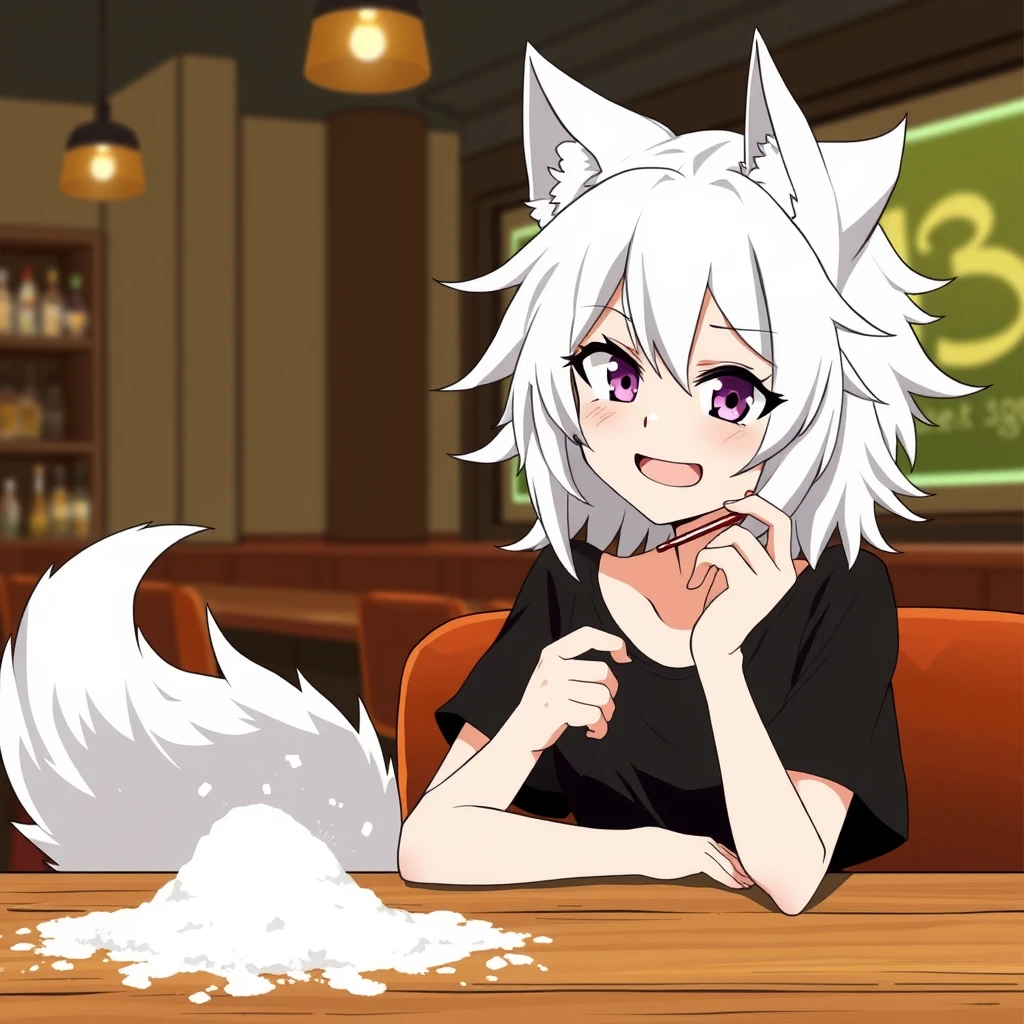 Anime woman with fluffy wolf ears and a fluffy tail, white messy medium hair, purple eyes, wearing a black t-shirt, sitting at the table in a bar. On the table is flour. The girl looks with a big crazy smile at the flour and has a straw in her right hand.