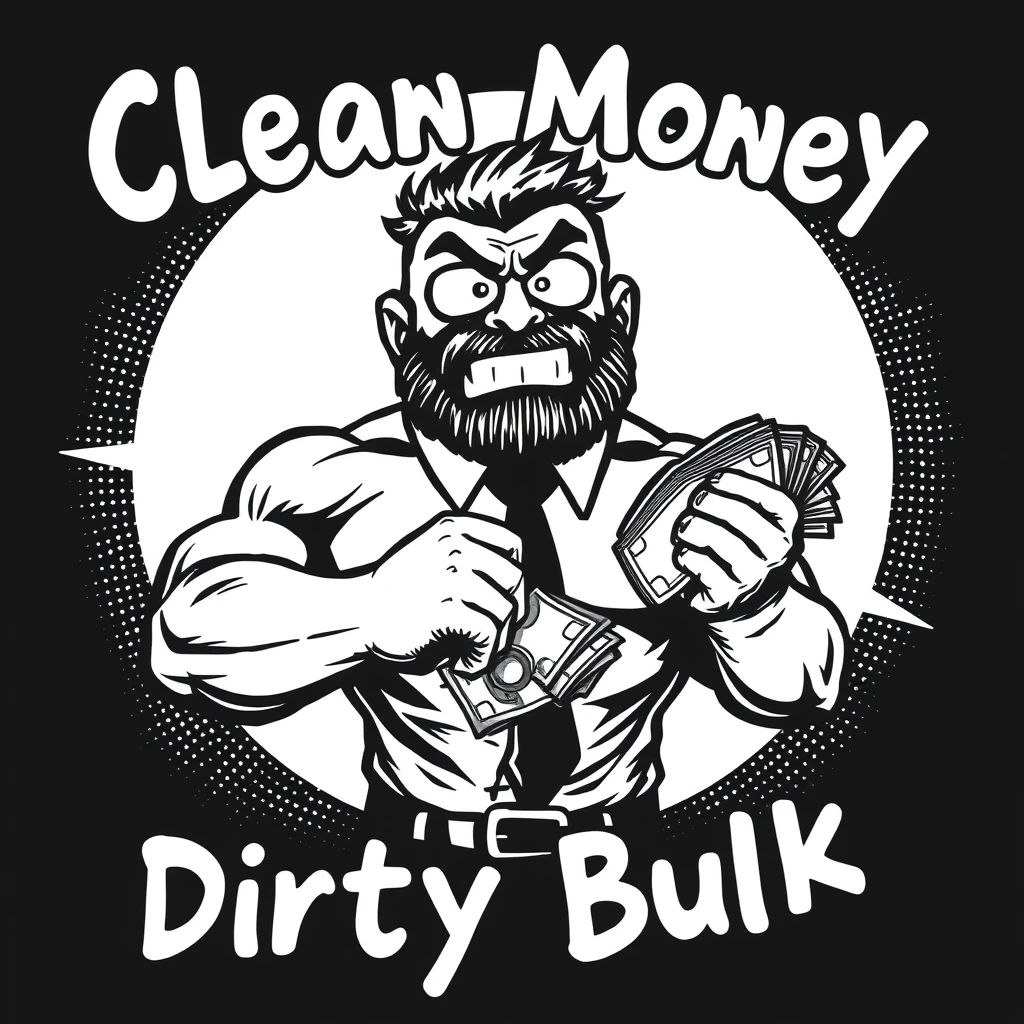 A dot comic ink black monochromatic style of a muscular business gigachad holding a wad of cash. Text says “Clean Money Dirty Bulk”. - Image