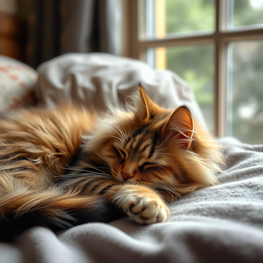 domestic medium hair cat in a cozy room, sleeping, hyper realistic photo