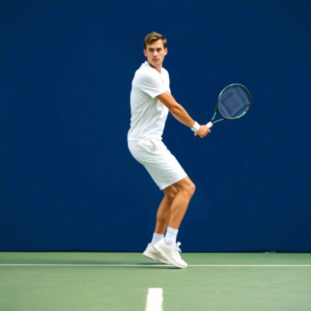 Tennis player in action. The layout features a single male figure in the foreground, positioned against a dark blue background. The subject is wearing a white tennis outfit, including a short-sleeved shirt and shorts, along with white tennis shoes. He is holding a tennis racket in his right hand, poised to hit a ball. The player's skin tone is light, and his facial features are not clearly defined due to the blurred effect. The ground is depicted with green stripes, suggesting a tennis court. T. - Image