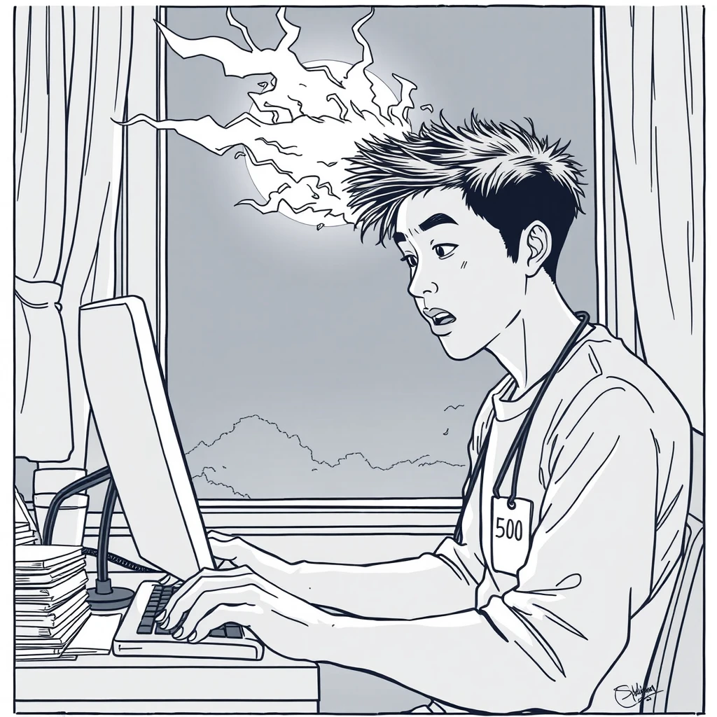 Lineart comic, a young Asian man working like crazy, his head on fire, the moon outside the window. The man had an ID tag that said "500." - Image