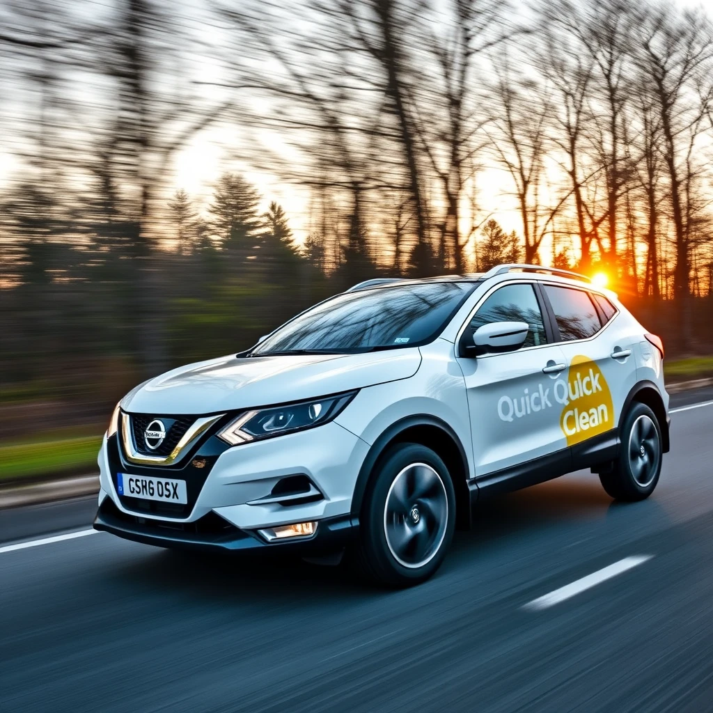 A Nissan Qashqai with 'QuickClean' painted on the side driving at speed through a forest at sunset.