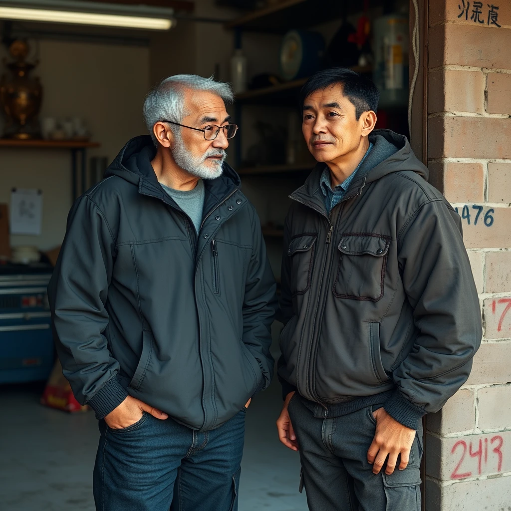 2 person set, 2 men, 1 white man, 1 northern Chinese man, they are together in a garage setting, here are the details and I want every single one with accuracy. - Image