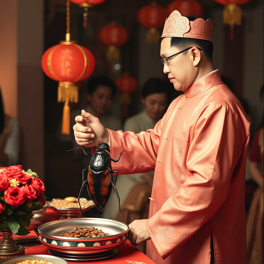 A Chinese man holding hands with a large cockroach at a wedding altar.