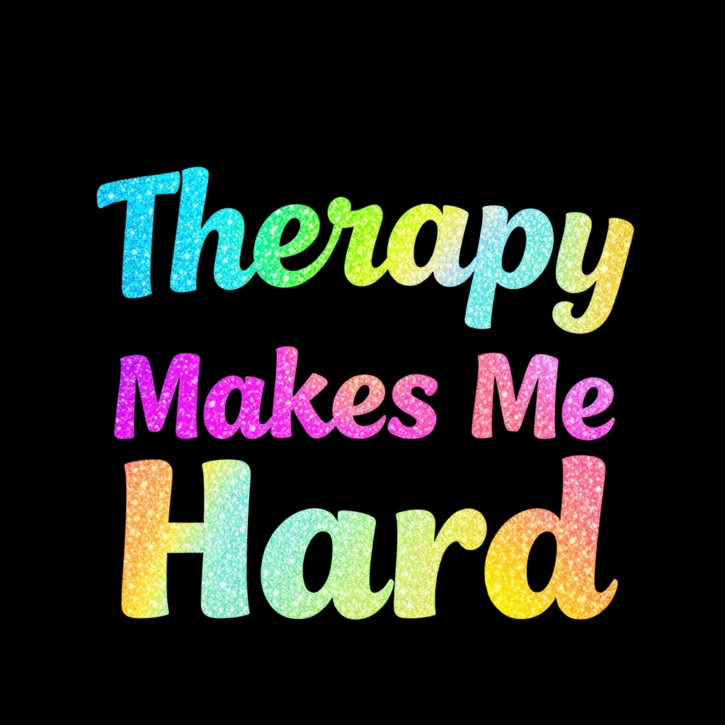 T-shirt design of fantastic vibrant glittery with an iridescent effect but ethereal text that says "Therapy Makes Me Hard" with each word a different vibrant color.