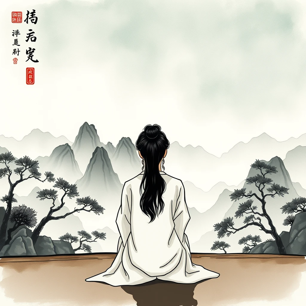 Sitting in front of the Chinese landscape ink painting, anime.