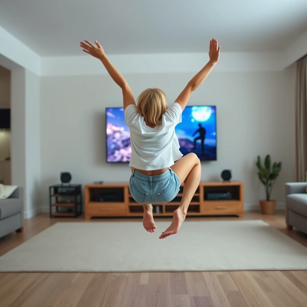 Side angle of a skinny blonde woman in her expansive living room. She is wearing a white short-sleeve shirt and light blue denim shorts, with no shoes or socks. Facing her TV, she dives headfirst into it, arms raised above her head and legs elevated, resembling a diving or flying motion. The bottom part of her t-shirt flares out, almost revealing her chest due to the height of her arms, while her arms and face penetrate the TV screen, transporting her into a magical world. - Image