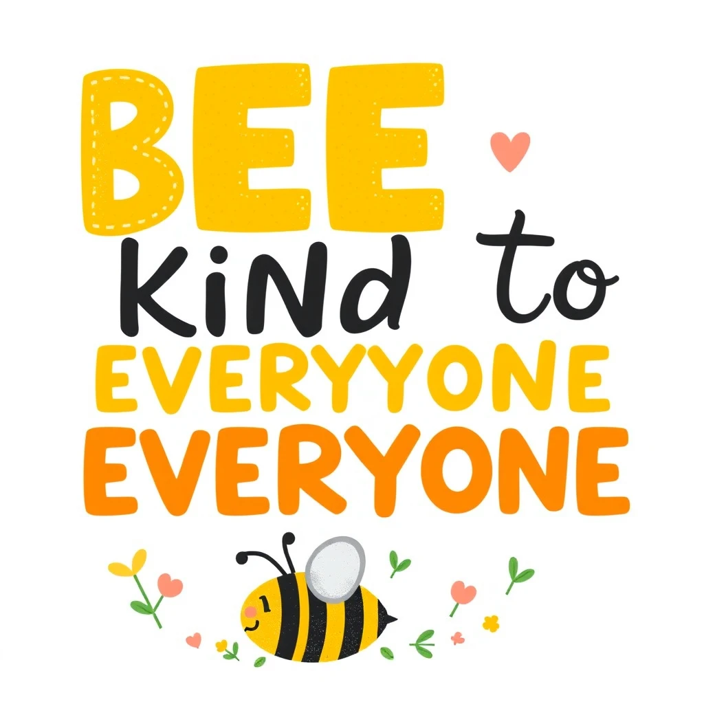 A cheerful and colorful illustration featuring the phrase "BEE KIND TO EVERYONE" in a playful mix of fonts and colors. The word "BEE" is displayed in bold, textured yellow letters with small heart decorations, while "KIND" is written in a large, black, whimsical font. "To" is in a smaller, light orange, handwritten style, and "EVERYONE" stands out in bright orange with a bold font. At the bottom, an adorable bee with yellow and black stripes adds a lively touch, surrounded by small flowers and greenery. The background is a clean white background. This delightful and heartwarming illustration is perfect for a t-shirt that promotes kindness and inclusivity, spreading a positive message with charm and style., illustration, typography.